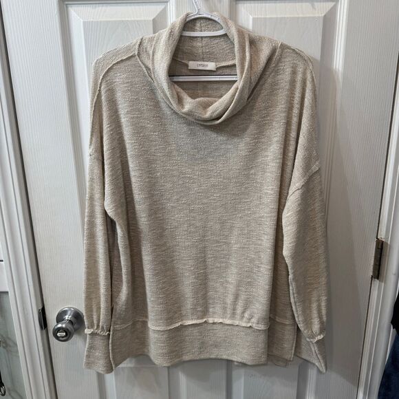 Cherish Apparel oversized, raw hem, cowl neck oatmeal colored top size Med - Picture 9 of 14